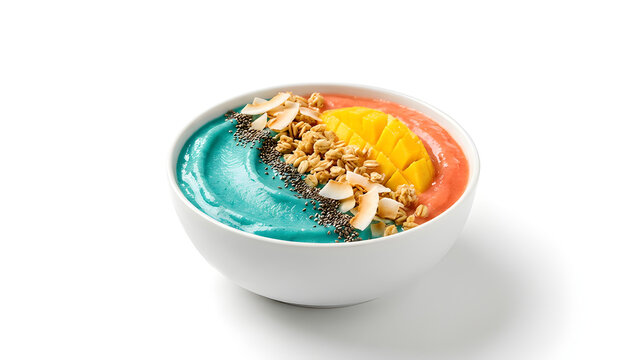 Dual color smoothie bowl with blue spirulina and pink smoothie topped with mango granola and chia seeds isolated on white background