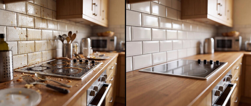 Comparison of Dirty and Clean Kitchen Interior Before and After Professional Cleaning