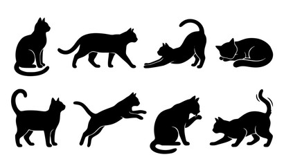 Obraz premium Eight Black Cat Silhouette Poses Feline Behavior Vector Set