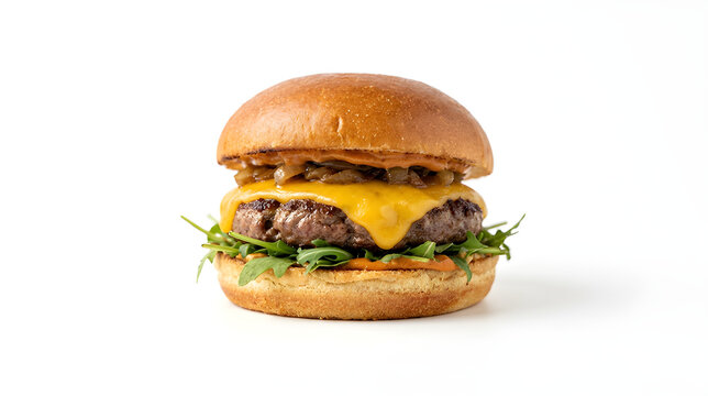 Gourmet cheeseburger with melted cheddar cheese, caramelized onions, and arugula on a brioche bun isolated on white background