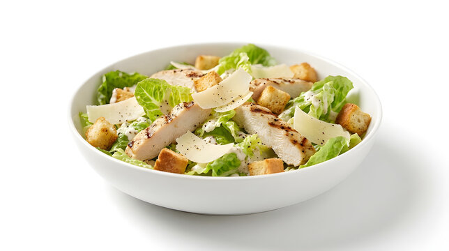 Grilled chicken caesar salad with romaine lettuce, croutons, and shaved parmesan in a white bowl isolated on white background