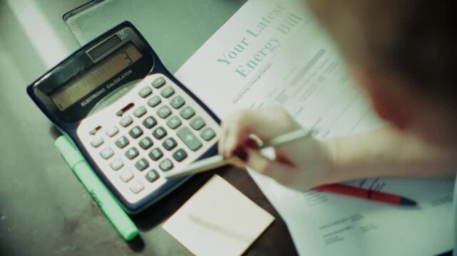 Accountant Checking Energy Bill Statement With Pen And Calculator. Managing Expenses 