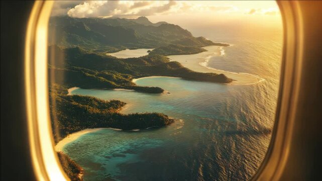 Air travel over a tropical island chain at sunrise or sunset with clear skies and calm seas.
