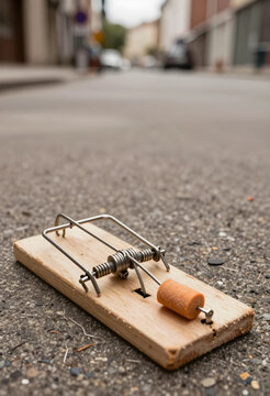 Wooden mousetrap with bait on an asphalt street, pest control and urban problem concept, danger and risk