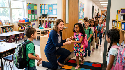 Fototapeta premium Friendly female teacher smiling and kneeling to greet a diverse line of elementary school children wearing backpacks as they enter their bright and colorful classroom on the first school day
