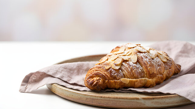 Freshly baked almond croissant sprinkled with powdered sugar and flaked almonds on a ceramic plate