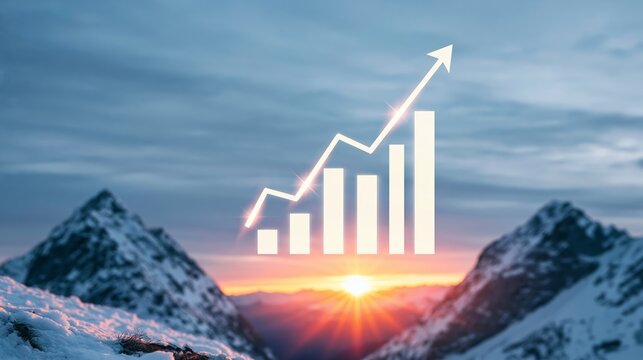 Golden financial growth chart rising between snowy mountain peaks at sunset, indicating investment success and future progress
