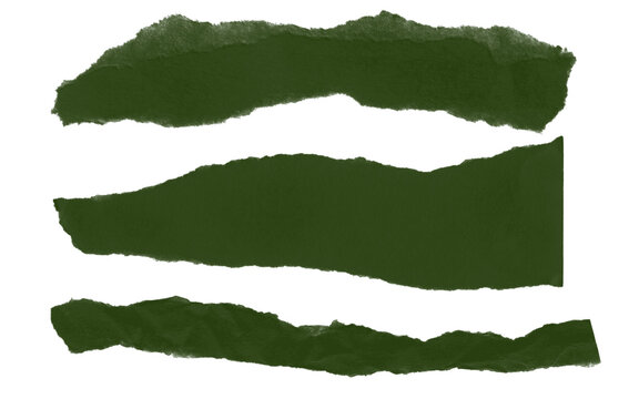 Dark green torn paper strips with ripped edges isolated on white background, collage design banner elements.