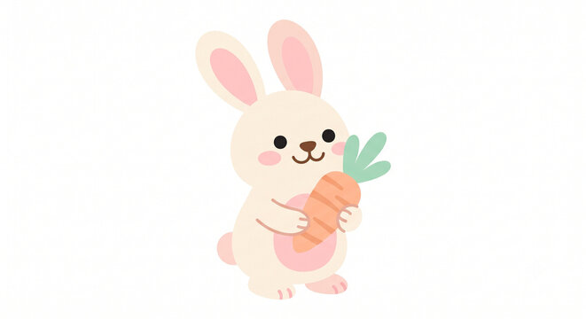 Cute happy cartoon Easter bunny rabbit with long ears holding a pink holiday egg vector illustration drawing