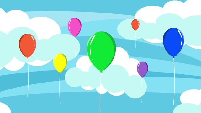 Animated video of a gas balloons passing by the clouds in the sky, art, 2D.