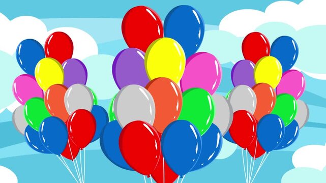 Animated video of a gas balloons passing by the clouds in the sky, 2D.