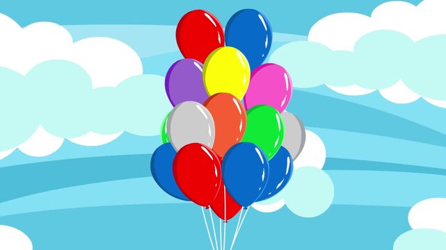 Animated video of a gas balloons passing by the clouds in the sky, art.