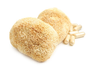 Functional mushrooms and pills isolated on white © New Africa