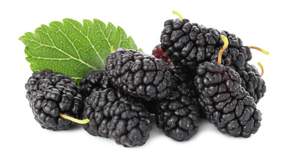 Pile of ripe mulberries and green leaf isolated on white © New Africa