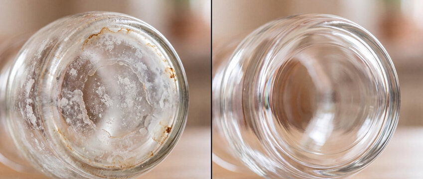 Before and after comparison of a dirty glass with limescale stains and a clean clear glass bottom, housework concept