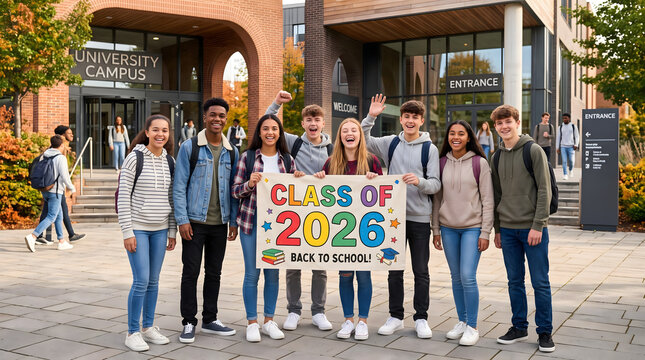 Diverse group of multiethnic university students holding Class of 2026 sign outdoors at campus entrance during freshmen orientation for academic year start with modern architecture background