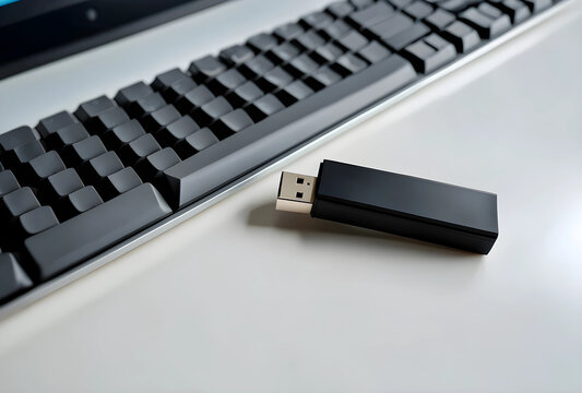 Black usb flash drive next to a computer keyboard on a white desk, data storage and digital technology