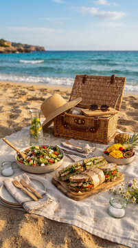 Picnic saludable junto al mar con frutas, ensalada y bebidas frescas, representando alimentaci&oacute;n equilibrada, vacaciones, verano y estilo de vida activo.