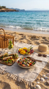 Picnic saludable junto al mar con frutas, ensalada y bebidas frescas, representando alimentaci&oacute;n equilibrada, vacaciones, verano y estilo de vida activo.