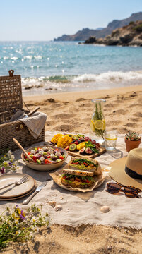 Picnic saludable junto al mar con frutas, ensalada y bebidas frescas, representando alimentaci&oacute;n equilibrada, vacaciones, verano y estilo de vida activo.
