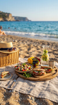 Picnic saludable junto al mar con frutas, ensalada y bebidas frescas, representando alimentaci&oacute;n equilibrada, vacaciones, verano y estilo de vida activo.