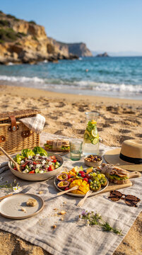 Picnic saludable junto al mar con frutas, ensalada y bebidas frescas, representando alimentaci&oacute;n equilibrada, vacaciones, verano y estilo de vida activo.