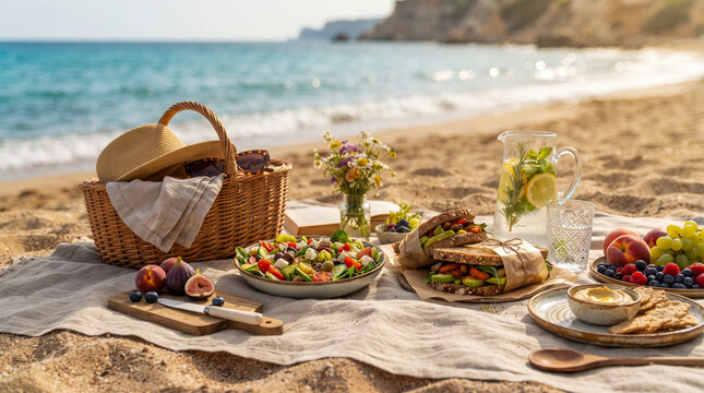 Picnic saludable junto al mar con frutas, ensalada y bebidas frescas, representando alimentaci&oacute;n equilibrada, vacaciones, verano y estilo de vida activo.