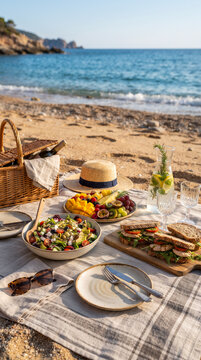 Picnic saludable junto al mar con frutas, ensalada y bebidas frescas, representando alimentaci&oacute;n equilibrada, vacaciones, verano y estilo de vida activo.