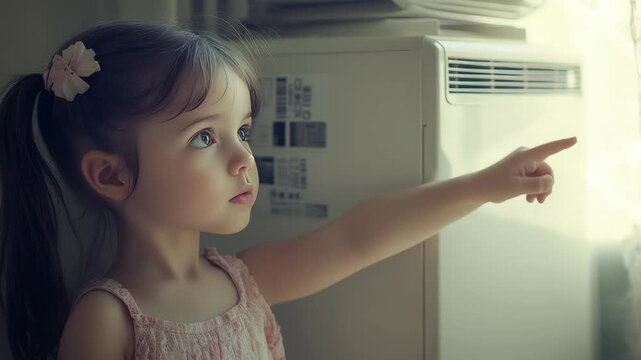 A young child looking up at the camera with her finger pointed upwards in a gesture of engagement or questioning.