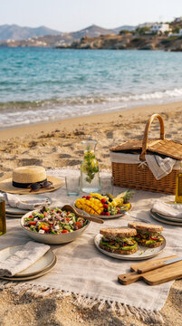 Picnic saludable junto al mar con frutas, ensalada y bebidas frescas, representando alimentaci&oacute;n equilibrada, vacaciones, verano y estilo de vida activo.