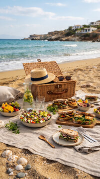 Picnic saludable junto al mar con frutas, ensalada y bebidas frescas, representando alimentaci&oacute;n equilibrada, vacaciones, verano y estilo de vida activo.