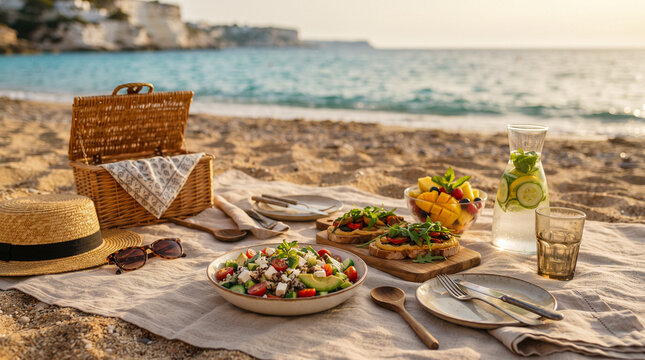 Picnic saludable junto al mar con frutas, ensalada y bebidas frescas, representando alimentaci&oacute;n equilibrada, vacaciones, verano y estilo de vida activo.