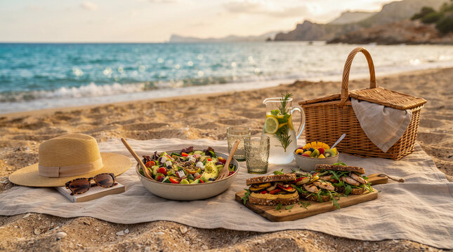 Picnic saludable junto al mar con frutas, ensalada y bebidas frescas, representando alimentaci&oacute;n equilibrada, vacaciones, verano y estilo de vida activo.