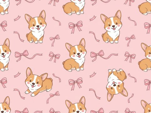 Seamless pattern with cute cartoon corgi puppies and pink ribbons on a light pink background