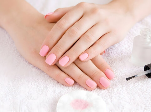 Female Hands Displaying Light Pink Matte Polish Manicure | Close Up of Soft Pink Matte Nails Manicure on White Towel | Clean Gentle Pink Matte Polish Manicure on Woman Hands | Beautiful Feminine Hands