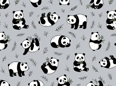 Seamless pattern with cute pandas and bamboo branches on a grey background