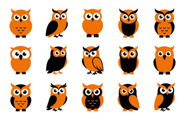 Obraz premium A collection of fifteen cute cartoon owls in orange and black colors arranged in a grid pattern isolated on a white background
