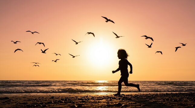 Silhouette of happy child running on sandy beach at sunset, seagulls flying in sky, freedom and joy lifestyle concept, warm golden hour lighting over ocean waves.