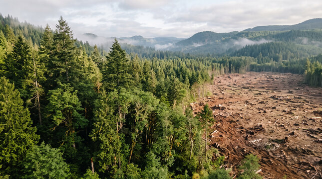 Aerial View of Deforestation Showing Clear Cut Forest and Remaining Trees