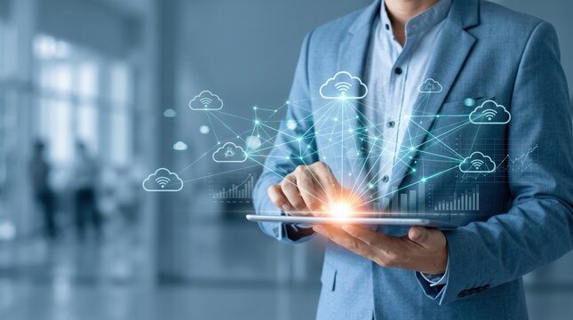 Business professional using tablet with holographic cloud computing icons and network connections, illustrating wireless internet, data storage, online sharing and digital