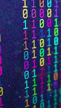Seamless loop 3D animation of colorful glowing binary digits on a dark digital screen with soft depth of field. Futuristic background for data, AI, coding and cybersecurity.