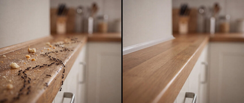 Before and After Comparison of Ant Infestation on Kitchen Counter with Food Crumbs and Clean Wooden Surface