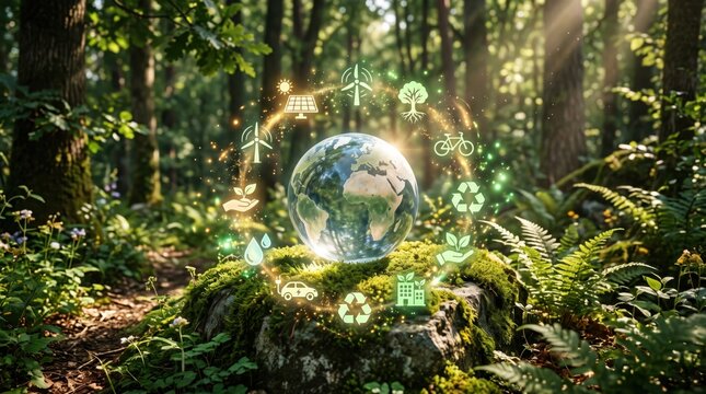 Globe surrounded by sustainable living icons in a lush forest, representing harmony between nature and technology for a greener planet and eco-conscious lifestyle choices.