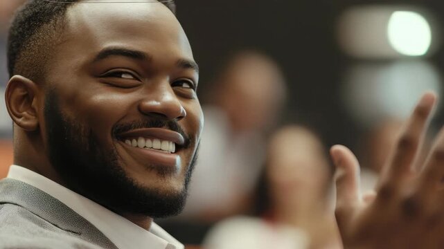 A young man sitting in the audience at a conference or event with a bright smile on his face. He is looking to the side and waving.