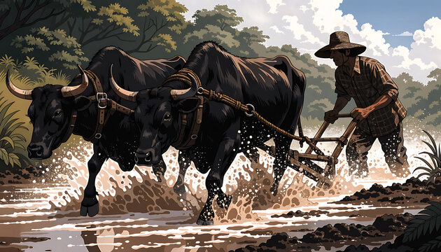 Farmer plowing muddy field with oxen team in rural landscape background