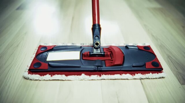 Cleaning Laminate Floor With Flat Mop. Housework. Housekeeping Service 