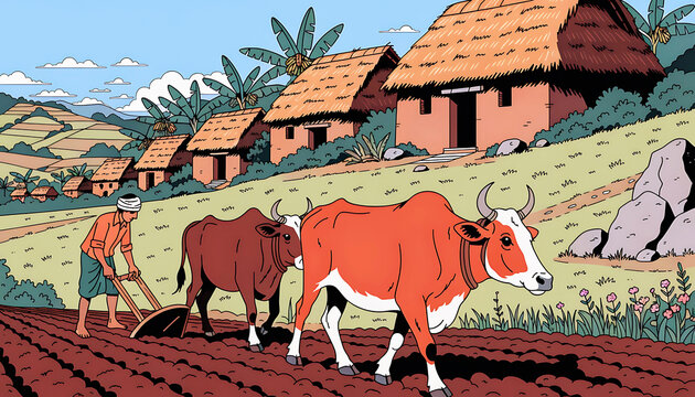 Traditional farming in rural village with farmer plowing field and oxen background