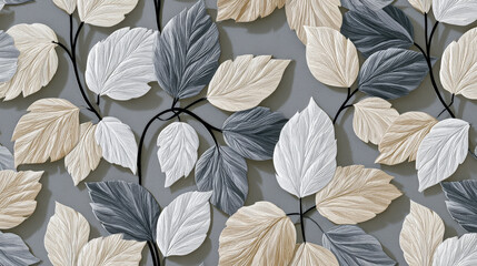 Fototapeta premium 3D bas-relief botanical wall panel with plaster leaves and golden accents. Elegant neutral floral background pattern