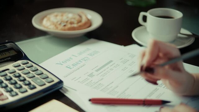 Writing Pencil Notes On Energy Bill Document Next To Calculator And Coffee Cup. Accounting 