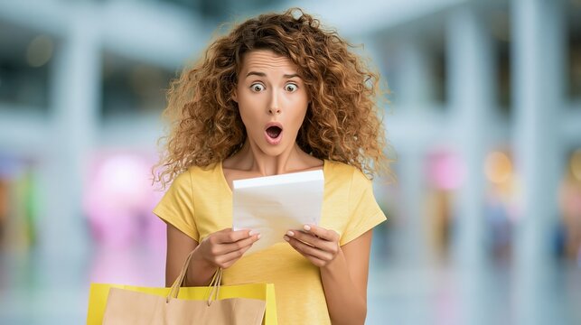 Woman checking receipt with a surprised expression, reacting to high prices and overspending at the shopping mall